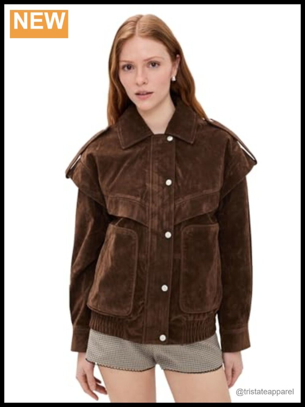 Women's Collared Bomber Jacket with Patch Pockets Faux Suede Aviator